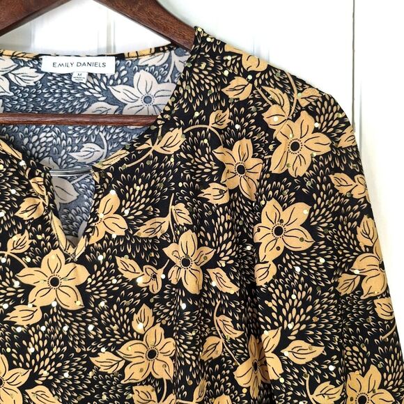 Emily Daniels Orange Black Floral Sequined Blouse Top Sz M - Picture 3 of 10